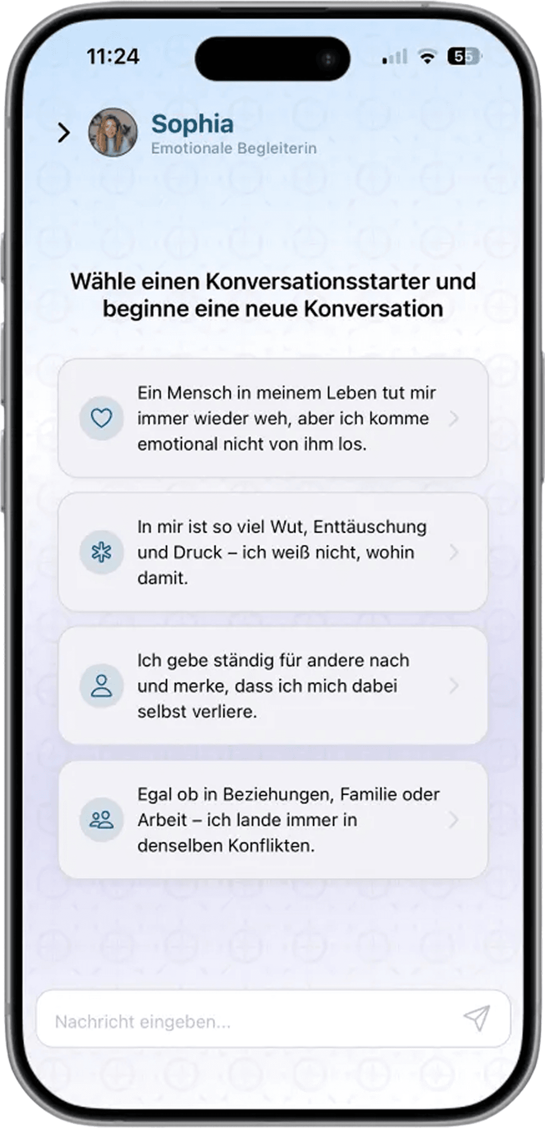 EMOSOPHIE® by Marion Kohn mobile app interface showing emotional support features - Emotionale Begleitung mit Sophia - Dein sicherer Raum für emotionale Unterstützung